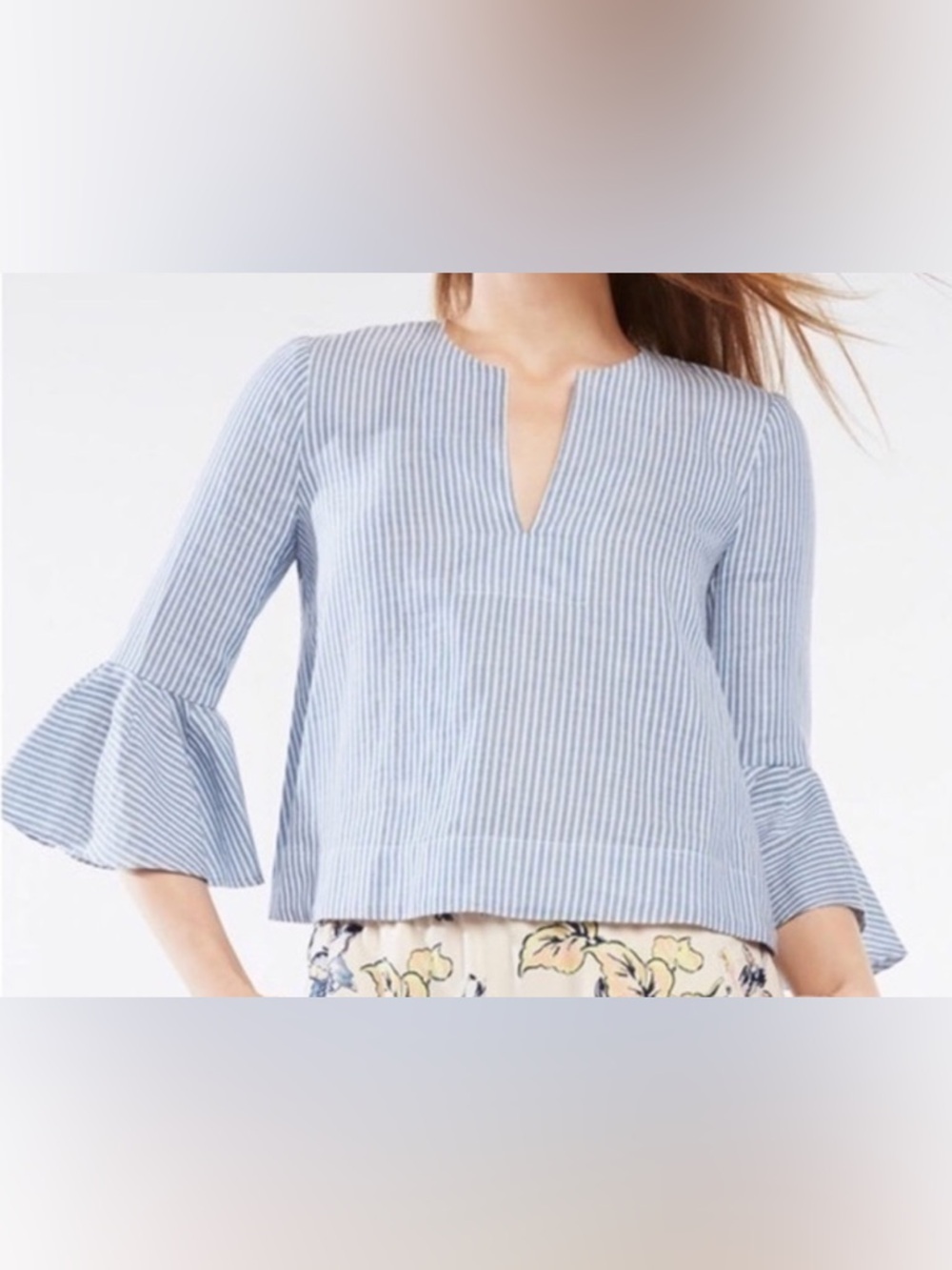 BCBG Maxazria Cotton Striped Bell Sleeve V Neck Top Blouse Shirt Blue White XXS
